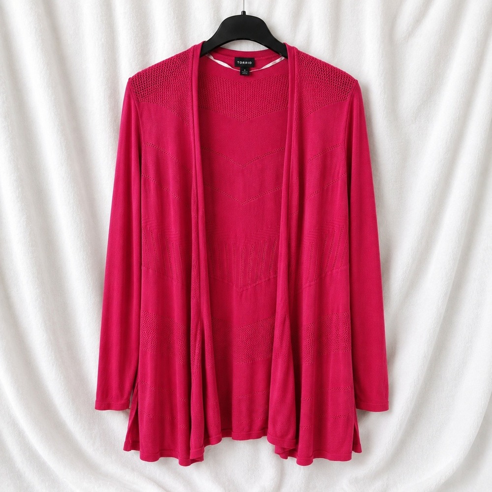 Torrid MAGENTA PINK Knit Duster Cardigan Open Front Pocket Longline Size 2